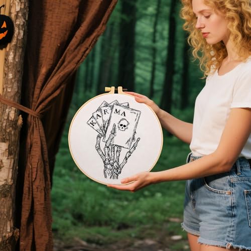 Gothic Tarot Embroidery Kits for Beginners Adults, Halloween Hand Bone Embroidery Starter Kits, Skull Cross Stitch Kits for Beginner Adults Hobbies for Women, Embroidery Fabric, Hoops & Video Tutorial - color: H2024