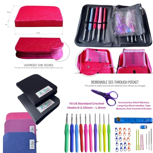 Athena's Elements 100% Accurate USA Standard Sizing - Perfect Crochet Hooks Case, Set with Removable Pocket, Complete Knitting Accessories (Black) - color: Black