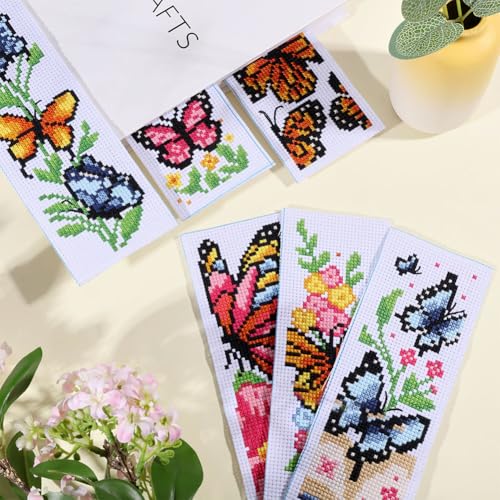 ORIGACH 6 Set Butterfly & Flower Cross Stitch Bookmark Kit for Beginner - style: Butterflies