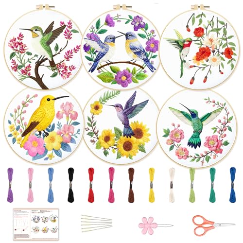 BEUNITONE 6 Set Hummingbird Starter Embroidery Kit with Pre-Stamped Pattern - style: Hummingbird