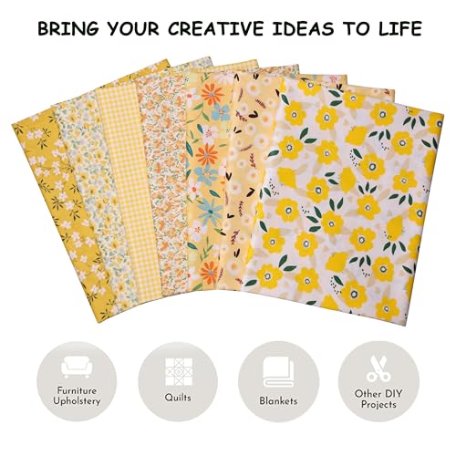 Yellow Floral Print Cotton Fabric Fat Quarter Bundles - Soft Baby Quilting Fabric Material for Sewing, Apparel, Bags, Upholstery, and Crafts, 7 pcs 15.7" x 19.7" Pre Cut - color: Yellow Floral