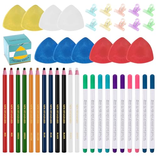 Swpeet 43Pcs Sewing Tools Kit, 10Pcs Professional Tailor's Chalk and 12Pcs Sewing Mark Pencil with 12Pcs 5 Color Disappearing Erasable Ink Fabric Marker Pen and 10Pcs Plastic Clips for Sewing Marking