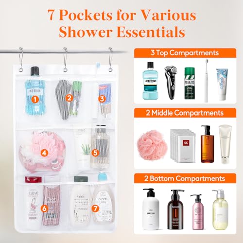 Lifewit Cruise Essentials Shower Caddy Must-Have, 7 Pockets Hanging Bathroom Organizer with Quick-Dry Mesh, Portable Shower Bag to Storage Soap, Shampoo, for RVing, Travel, Camping, White, 2 Packs - size: 17" x 25.6"
