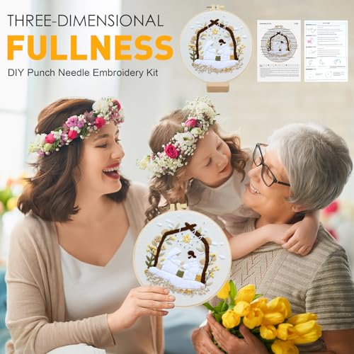 Christian Nativity Embroidery Kit for Beginners Adults Easy Embroidery Starter Kit Nativity Patterns Cross Stitch Kits Full Embroiderys Hoop Kits Needlepoint Kits with Instruction Needles and Thread - color: Christian Nativity