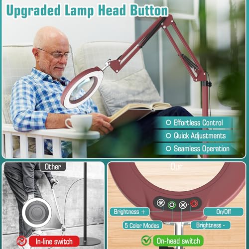 12X Magnifying Glass with Light and Stand, Real Glass Lens (Not Acrylic), 5 Color Modes, Stepless Dimmable, LED 3-in-1 Floor Lamp, Swing Arm with Clamp, Lighted Magnifier Hands Free for Crafts - Red - color: Red