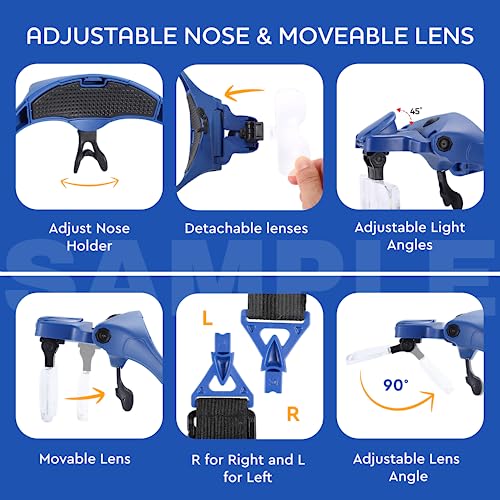 YOCTOSUN Magnifying Glasses with Light, Hands Free Headband Magnifier with 4 LED Lights and 5 Detachable Lenses 1X to 3.5X,Rechargeable Head Magnifier Glasses for Crafts, Hobby, Close Work - color: Deep Blue