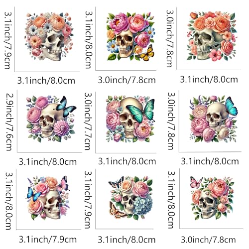 9pcs Floral Skull Butterfly Iron On Decals Thermal Transfer Stickers for Clothing Appliqued Sublimation Patches Iron On Transfer Designs Heat Press Vinyl for Shirts Pillow Covers - style: 9PCS-Y01(Small)