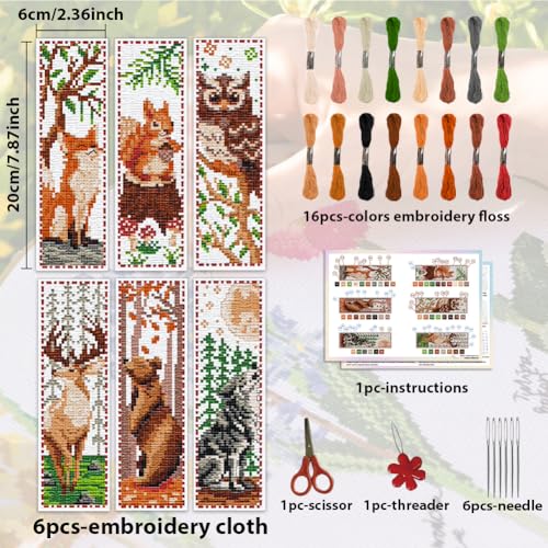 ACRNIGHEET 6 PCS Cross Stitch Bookmark Kit Animals Patterns DIY Stamped Embroidery Bookmark Kit DIY Bookmarks Crossstitch Kits Adul Stamped Embroidery Bookmarks with Instructions 11CT - style: Forest animal patterns