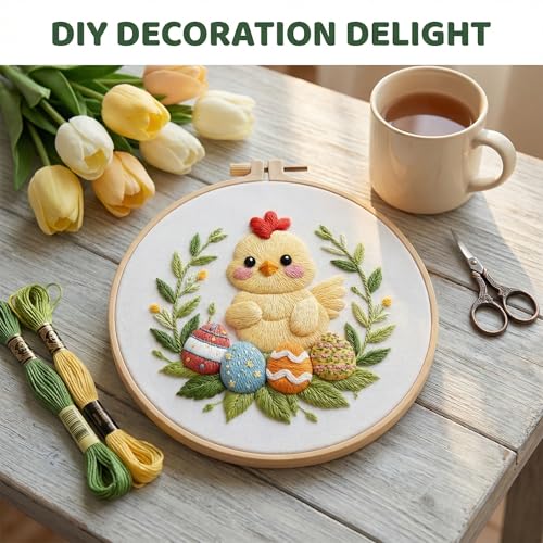 WaFtesh Embroidery Kits for Beginners Adult, DIY Hand Embroidery Cross Stitch Starter Set with Pattern, 3D Rabbit Needlepoint & Cross Stitch 7.9 Inch Hoop Threads, Needles, Instruction - color: Egg Garden