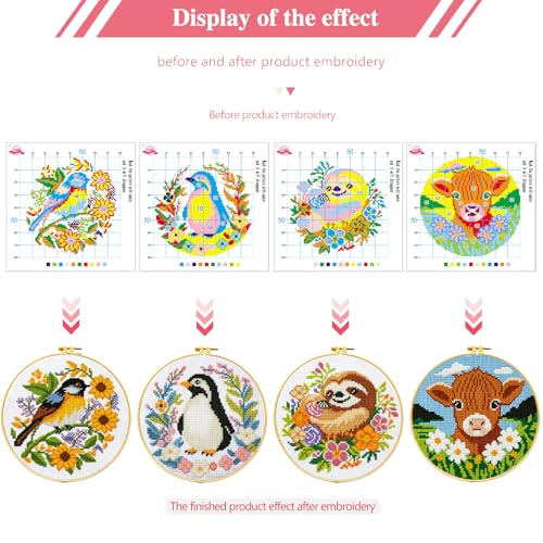 Zhenging Animal Cross Stitch Kit – 4 Pre-Printed Designs (Sloth, Bird, Penguin, Calf) with 11CT 9.45x9.45 Inch Fabric, Hoop, Scissors, Threader & Tools for Beginners & Adults - color: 69569