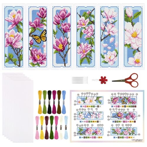 ORIGACH 6 Set Magnolia Cross Stitch Bookmark Kit for Beginner - style: Magnolia