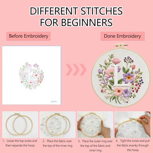 Zhenqing Letter L Embroidery Kit for Beginners, Pre-Printed 29x29cm Cotton Fabric with 20cm Hoop, Romantic Floral Monogram Design (C0096)