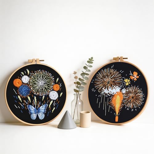 spicssa 2PCS Embroidery Kit for Beginners, Hand Needlepoint Kits for Adults with Pre-Stamped Patterns, 7.8-Inch Hoop, Threads & Needles, Step by Step Instructions - color: Fireworks