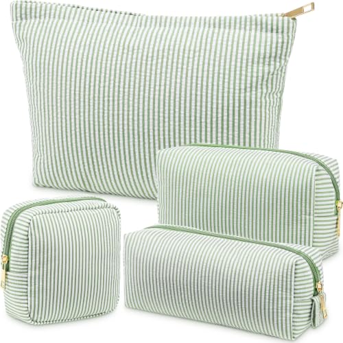 Sanwuta 4 Pcs Seersucker Pouch Striped Makeup Bag Set, Light Green - color: Light Green