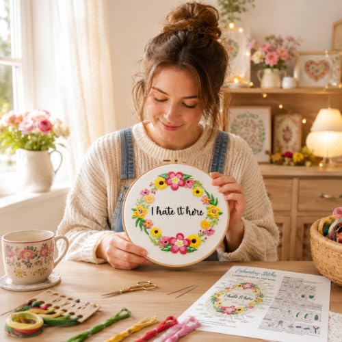 Nuberlic Floral Embroidery Kit for Beginners,Funny Embroidery Practice Kit - color: flower11