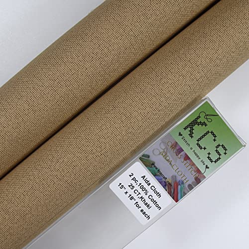 KCS 2 pc of 15" x 18" Counted Cross Stitch Cotton Aida Cloth Needlework Fabric (Khaki, 25CT) - color: Khaki, size: 25CT