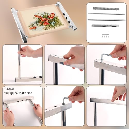 Cross Stitch Scroll Frame Stand, 11/9/7.3/5.5in Adjustable Stainless Steel Embroidery Frame with Masking Tape Needlepoint Holder for Hand Sewing Quilting