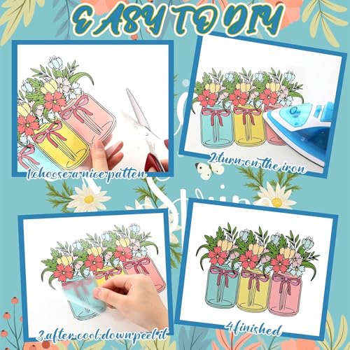 Estune 30 Pcs Boho Iron on Transfers Ready to Press DTF Transfers Retro Floral Iron on Decals Patches Groovy Inspirational Heat Transfer Stickers for T Shirts Clothing Jacket Hat Backpacks DIY Apparel - style: Spring Floral
