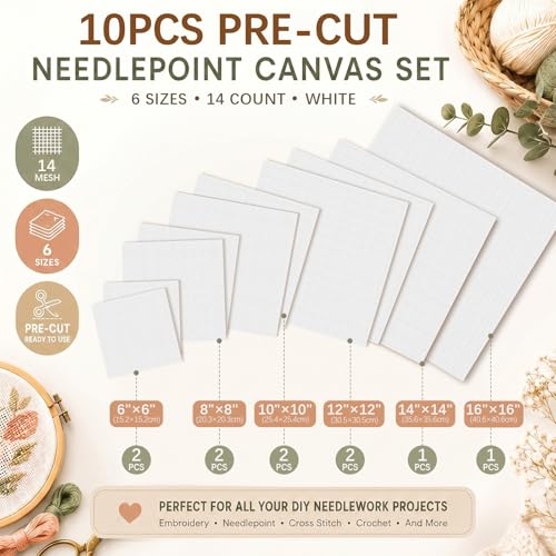Knitgrip 10 Pcs 14 Mesh Needlepoint Canvas, 6 Square Sizes - size: 14 Mesh Square Size