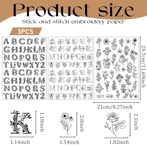 Flower Water Soluble Embroidery Patterns, 3 Sheets 140 Pcs Stick and Stitch Embroidery Papers Wash Away, Pre-Printed Floral Alphabet Pattern Transfers, DIY Gift for Hand Sewing Lover Beginners - size: Alphabet Floral