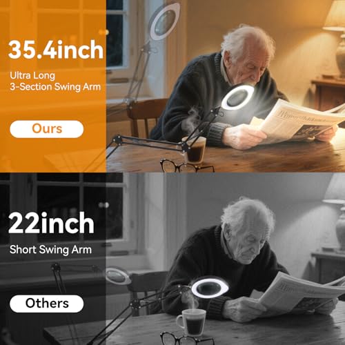 12XMagnifying Glass with Light and Stand|Magnifying Lamp with 3-Section Swing Arm,5 Color Modes LED Lighted Magnifier Lamp for Workbench (Black Ultra Long)
