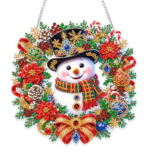 Eiflow Acrylic Christmas Diamond Art Hanging Kit for Adults Wreath, DIY Snowman Diamonds Painting Door Hanger Ornament Kit Wreath Crystal Diamond Art Painting Wall Window Hanging Pendant - color: Christmas Wreath-1