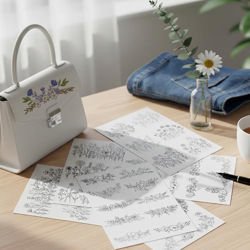 Flower Water Soluble Embroidery Patterns, 6 Sheets 48 Pcs Stick and Stitch Embroidery Papers, Wash Away Pre-Printed Floral Pattern Transfers Paper, Customized Gift for Hand Sewing Lover Beginners - size: Floral