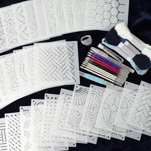 64 Pcs Sashiko Kit - 30 Sashiko Templates, 8 Skeins Sashiko Thread, Needles, Water Erasable Pens, Thimble & Seam Ripper for Japanese Embroidery, Hand Quilting & Mending