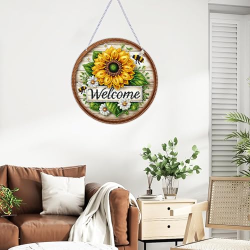 ARPADAMO Hanging Diamonds Art kit for Adult,DIY Sunflower Bee Pendant Diamonds Painting Art Kit, 7.0x7.0 inch Acrylic Diamonds Painting Board Kit Ornament, Special Crystal Diamond Hanging Ornament - color: DP02694