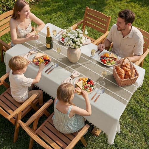 Softalker Fall Linen Rectangle Tablecloth with Tassel, 55 x 70 Inch - color: Coffee Lines, size: 55" x 70" (Rectangular)