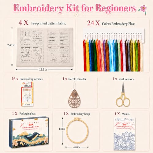spicssa Beginner Embroidery Stitch Book Kit, 79 Stitches, Video Tutorials