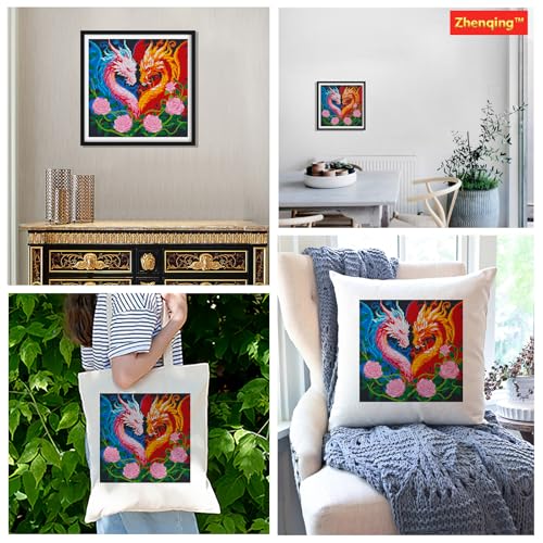 Zhenqing Twin Dragon Heart Stamped Cross Stitch Kit for Beginners, 11CT Printed Full Coverage Fire and Ice Dragon with Roses Pattern, 38 x 38 cm DIY Fantasy Embroidery Needlework Set, No Hoop Needed - color: Fire & Ice Dragon Heart