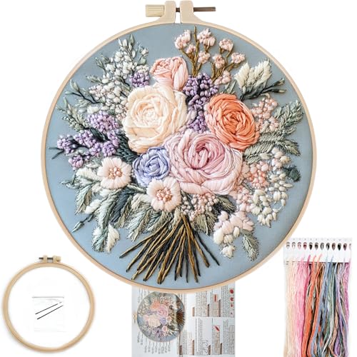 FONNUY Bouquet Flowers Embroidery Kit for Beginners, Pre-Stamped Pattern Kits for Adults with Hoop, Easy to Follow Color Thread Needlework, 8'' Hoop (Captivating Allure) - style: Captivating Allure