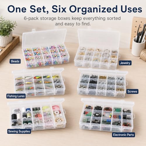 APACALI 6 Pack Plastic Organizer Box with Dividers, 18 Grids Clear Tackle Box Organizer, Adjustable Compartment Storage Boxes for Beads, Jewelry, Crafts, Fishing Lures, Screws and Small Parts - color: 18 Grids - 6PCS