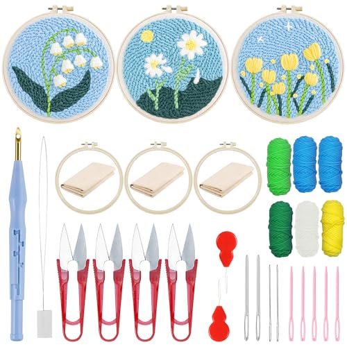 Woohome Punch Needle Kit Included Plastic Hoops, Punch Needle Cloth, Color Yarn and Punch Needle Tools for Adults, Beginners (9.Tulips and Chrysanthemums) - color: Color 10