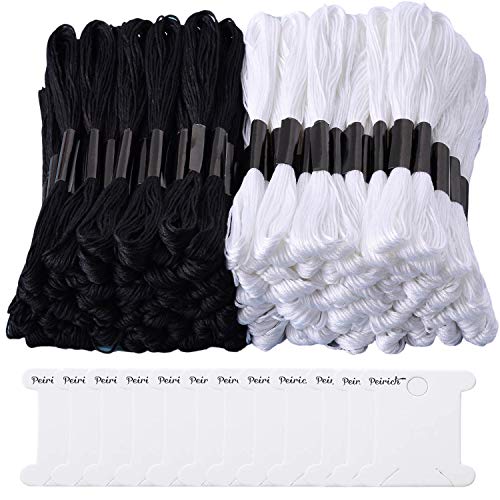96 Black White Skeins Stranded Cross Stitch Floss Friendship Bracelets String Embroidery Thread with 12 Pieces Floss Bobbins, Cross Stitch Project