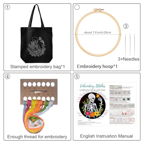 Louise Maelys Halloween Embroidery Kit Canvas Tote Bag, Skull Floral - color: skull flower