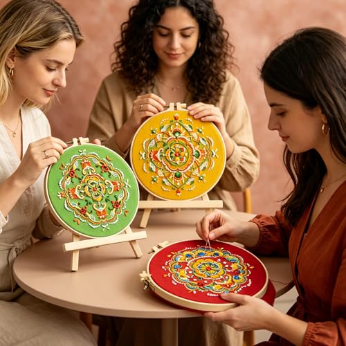 Qupace 3 Pcs Tree Embroidery Kits for Beginners Adults - Cross Stitch Sewing Craft Set with 3 Embroidery Hoops & 3 Finished Stands,Book Needlework Kit - color: White