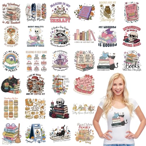 Book Lover DTF Transfers Ready to Press, Iron on Decals for T-Shirts - color: Bookworm