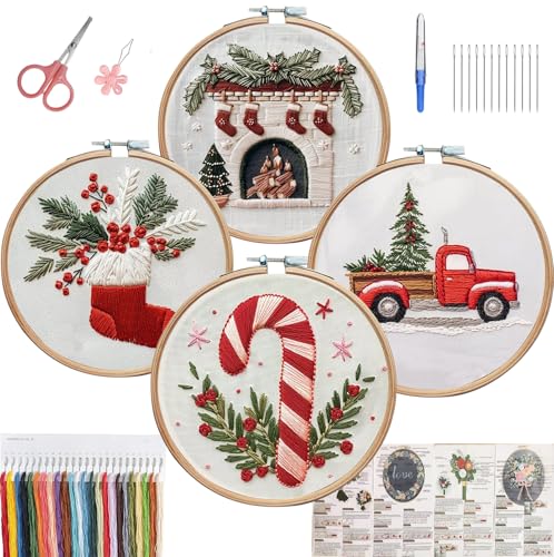 CanVrinxol 4 Sets Christmas Embroidery Kits for Adults Beginners, Cross Stitch Kits with Patterns, Hoops, Threads, Needles & Tools, DIY Craft Gift Ideas (Christmas Collection 2) - style: Christmas Collection 2