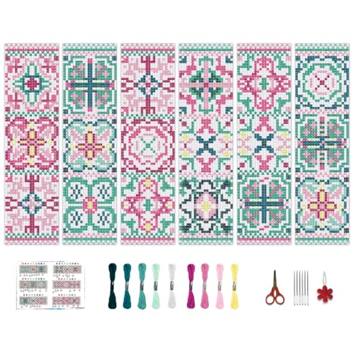 BEUNITONE Cross Stitch Bookmark Kits 6 Pcs Variegated Flowers DIY Bookmarks Cross Stitch Set for Adults Beginners Hand Embroidery Set Traditional Decorative Patterns Craft Kits for Gifts 8''x2.4'' - style: Ceramic Tile Pattern