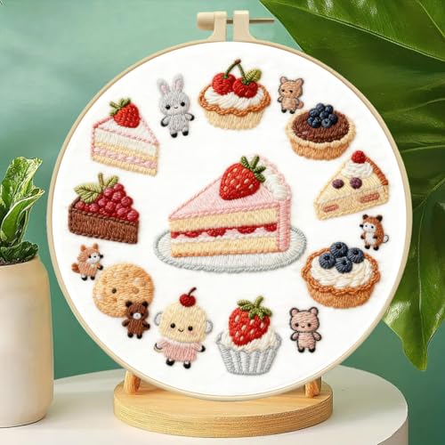 Zhenqing Strawberry Cake Embroidery Kit for Beginners, Pre-Printed 29x29cm Fabric with 20cm Hoop & Threads, Cute Dessert and Animal Design for Home Decor(C0176)
