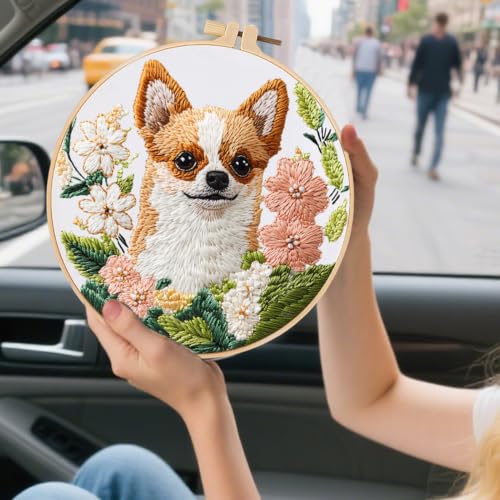 FONNUY Chihuahua Dog Floral Embroidery Kit, Cross Stitch Kits for Beginners, Handmade Crafts with Printed Patterns for Beginner Adults, Easy to Follow Color Thread Needlework, 8'' Hoop (Loyal Dog) - color: Loyal Dog