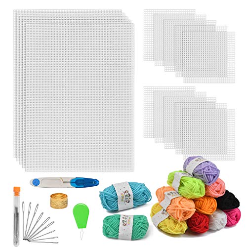 BUYGOO 39Pcs Mesh Plastic Canvas Sheets Kit Including 15 Pieces Clear Plastic Canvas, 12 Color Acrylic Yarn and Embroidery Tools for Embroidery Plastics Canvas Craft