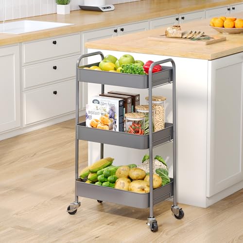 TOOLF 3 Tier Metal Rolling Cart, Utility Storage Cart with Wheels, Grey - color: Grey, size: 3-Tier