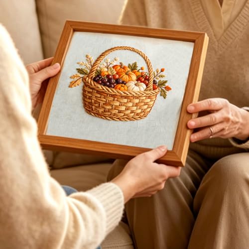 FONNUY Fall Embroidery Kit, Handmade Autumn Wreath Pre-Stamped Pattern for Beginners, Thanksgiving Harvest Home Decor, 8'' Hoop (Basket) - color: Basket