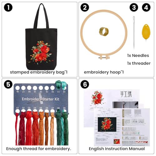 CREAWONDER Canvas Tote Bag Embroidery Kit with Pattern for Beginners, Arts and DIY Embroidery Crafts Kits for Adults, Include Instructions, Embroidery Hoops, Color Threads and Tool - color: CR002 shiliuranran black