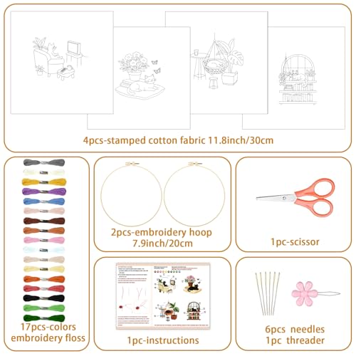 BEUNITONE 4 Set Embroidery Kit for Beginners, Daily Life of Cats Patterns Cross Stitch Kits, Needlepoint Kits for Adults with Hoop, Cute Hand Embroidery Patterns for Cloth and Home Decor - style: A-Cat-03