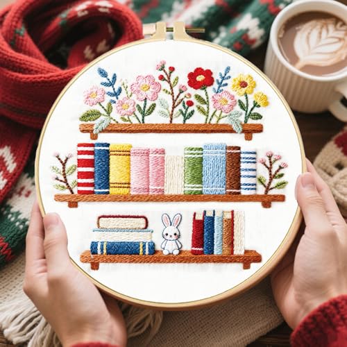 FREEBLOSS 4 Set Embroidery Kit Bookshelf Pattern Stamped Embroidery Starter Kit with Step by Step Instructions, Colored Threads, 2 Hoops, Needlepoint Kits for Hand Craft Lovers Gift, 30cm/11.8inch - style: Book Shelf