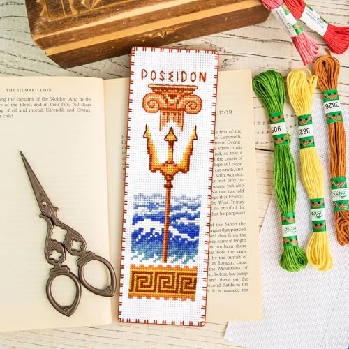 Povitrulya Counted Cross Stitch Kit Poseidon – DIY Bookmark Embroidery Set for Adults & Beginners, Trident Sea Waves Ancient Greek Mythology Needlework Gift - color: Poseidon